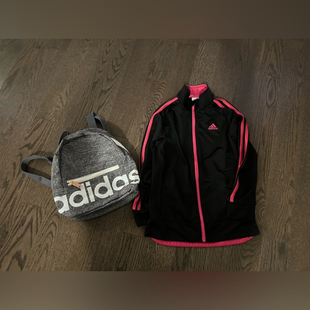 Adidas kids Black and Pink Jacket with Gray Backpack bundle